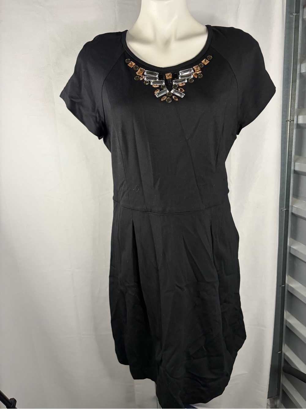Express Black Short Sleeve Dress with Jeweled Neckline